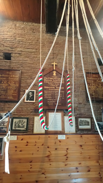 Bell ringing ropes hanging in the bell loft of St James' church, Mangotsfield
