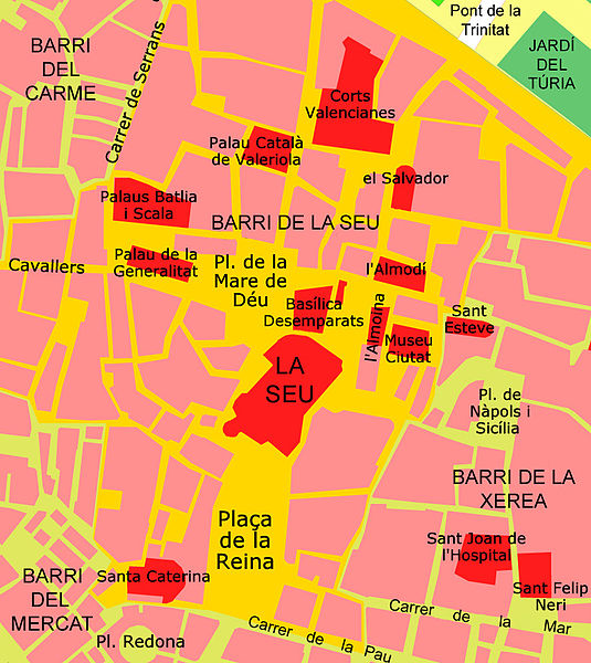 A Catedral de Valencia (Espanha) e o Cálice Sagrado - a catedral no mapa de Valência