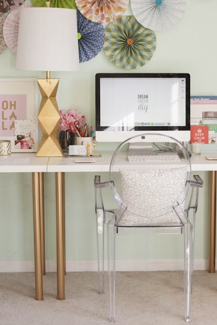 vignette styling console table gold accessories acrylic ghost chair