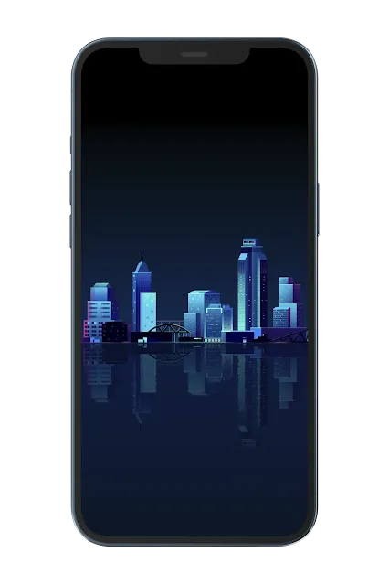 Cityscape illustration in blue shades to use as background wallpaper on iPhone and Android devices like Samsung Galaxy and Xiaomi Redmi.