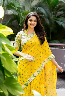 Keerthy Suresh in Yellow Saree with Cute and Awesome Lovely Smile for Mahanati Promotions