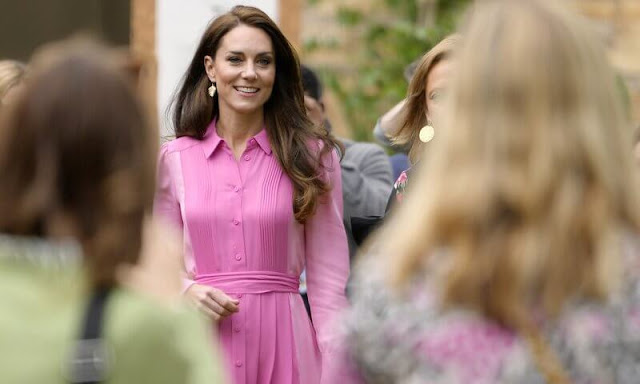 Princess of Wales wore a sugar pink bubblegum colour block silk shirt dress by ME+EM. Catherine Zoraida Fern gold leaf earrings