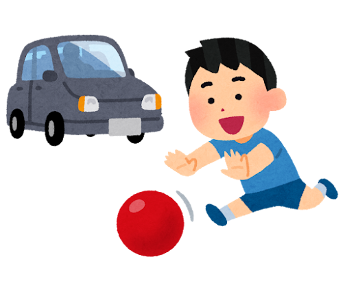 車の近くでボール遊びをする子供のイラスト