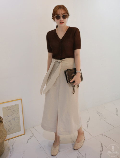  Tie-Waist Front Slit Skirt