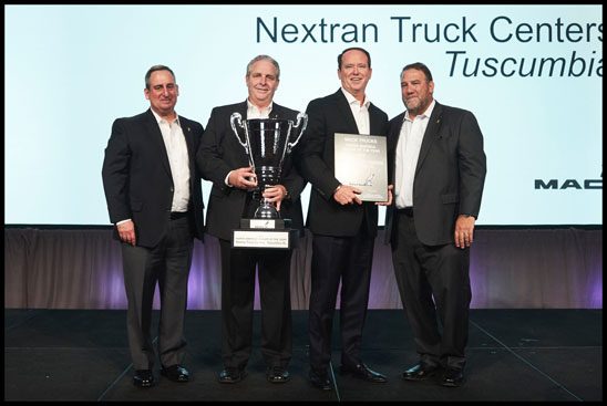 Nextran Truck Center of Tuscumbia, Alabama is Mack Trucks’ 2019 North American Dealer of the Year. Mack announced the winner during its annual dealer meeting, which brings together dealer leadership from the U.S. and Canada. From left to right: Martin Weissburg, president, Mack Trucks; Dennis McDaniel, regional vice president, Southeast, Mack Trucks; Jon Pritchett, president and CEO, Nextran; Jonathan Randall, senior vice president, North American sales and marketing, Mack Trucks.