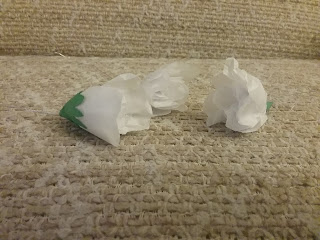 Three roses made of white tissue paper, with wire stems.