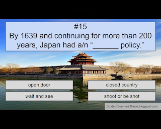 By 1639 and continuing for more than 200 years, Japan had a/n “______ policy.” Answer choices include: open door, closed country, wait and see, shoot or be shot