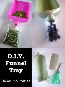 D.I.Y. funnel tray, how to recycle a lotion bottle, turn a lotion bottle into a funnel tray, crafty recycling, tools for crafting, blah to TADA, funnel tray DIY