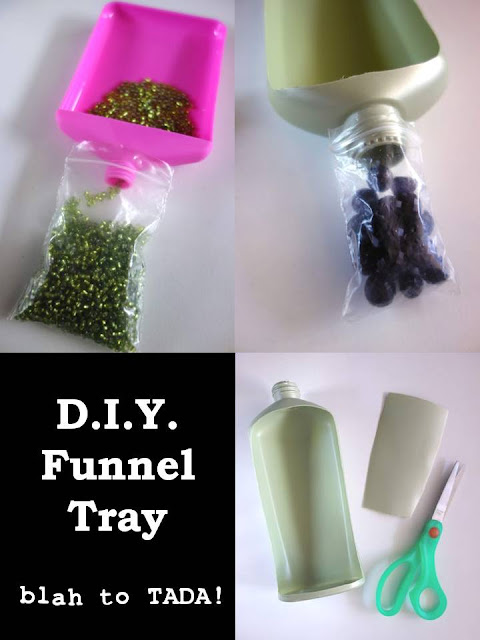 D.I.Y. funnel tray, how to recycle a lotion bottle, turn a lotion bottle into a funnel tray, crafty recycling, tools for crafting, blah to TADA, funnel tray DIY