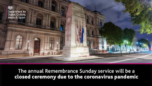 Remembrance Day Service shows chruch and Cenotaph and requests people stay home