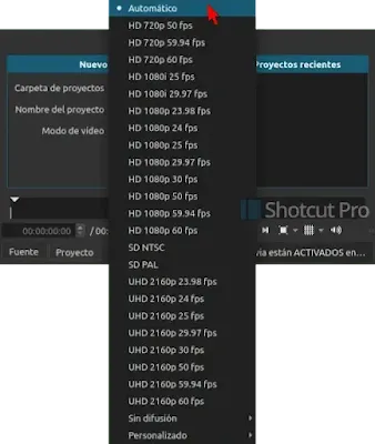 El modo de vídeo automático de Shotcut es recomendado para casos en que el editor desconoce el tema sobre las resoluciones de vídeo y tasa de fotogramas