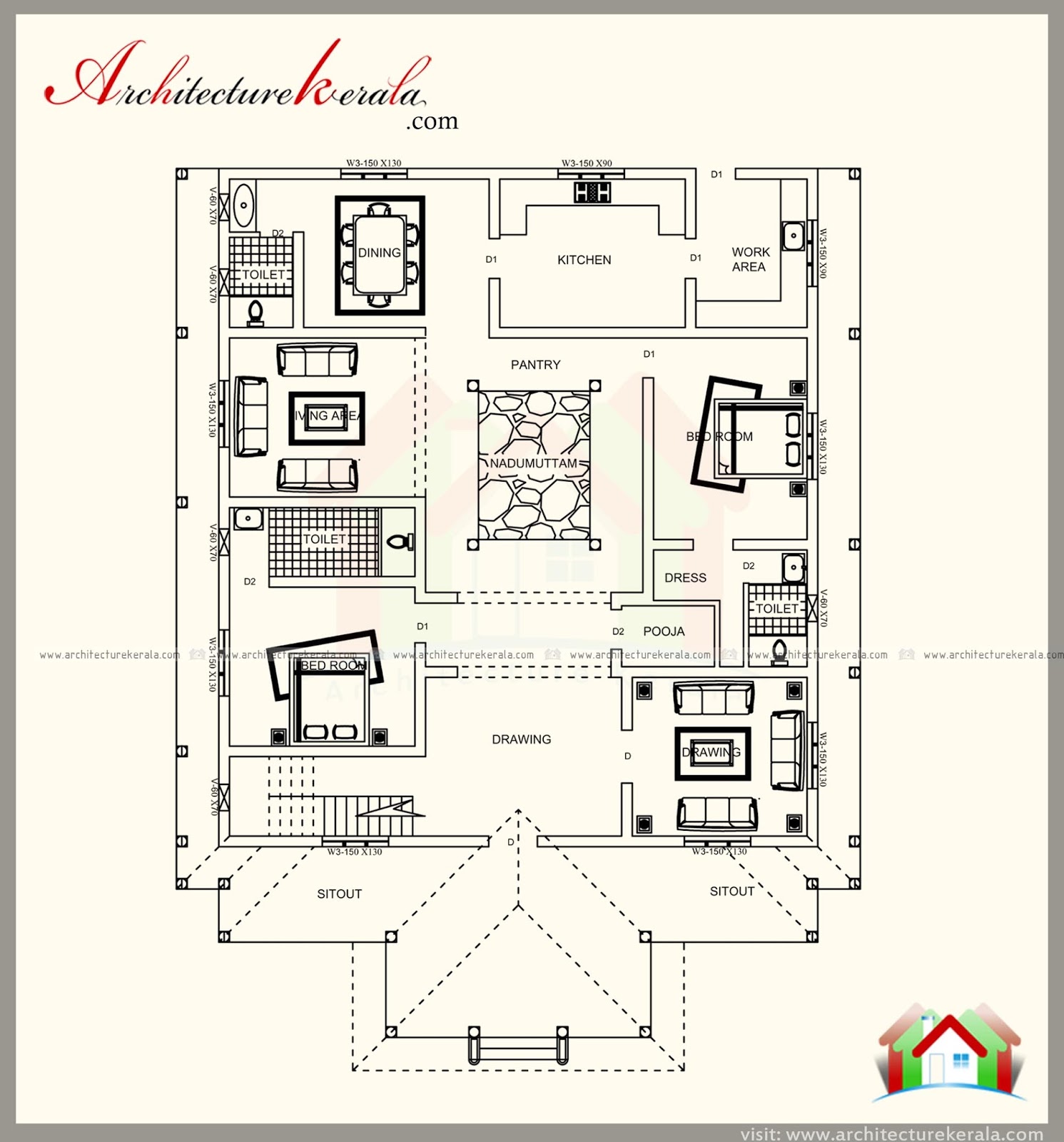 TRADITIONAL KERALA  STYLE  HOUSE  PLAN  WITH TWO ELEVATIONS  