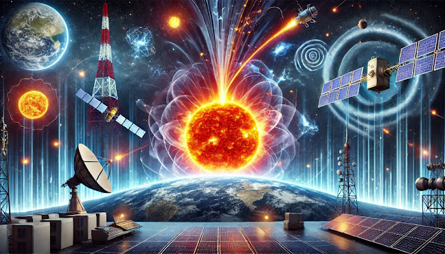 A visual depiction of solar flares erupting from the sun with cosmic rays reaching Earth, illustrating the connection between space weather and life on our planet