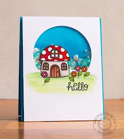 Sunny Sentiments Stamps Backyard Bugs Toadstool House Shaker card by Marion Vagg.