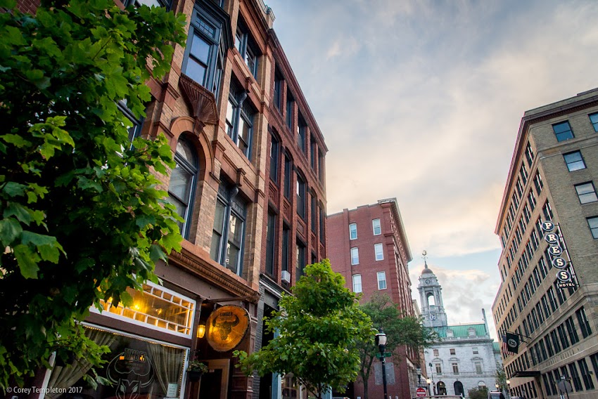 Portland, Maine USA August 2017 photo by Corey Templeton. A view "looking up" upper Exchange Street in the Old Port. This block of buildings is pretty timeless.