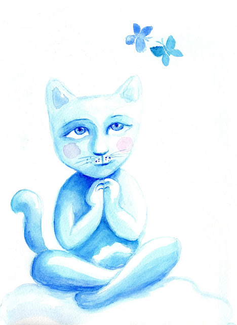 Blue cat meditation illustration drawing aqarelle butterfly art