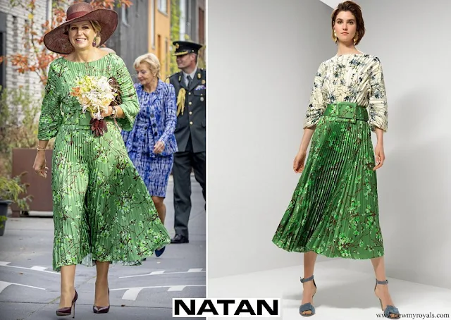 Queen Maxima wore NATAN floral printed pleated twill blouse and floral printed pleated twill skirt