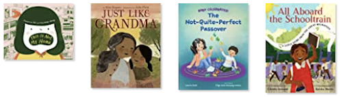 Cover images of the four books described below. The first shows a child with dark hair that is crying and the title is within the dark shape that is her open mouth. The second is all in earth tones and shows and grandmother and granddaughter leaning their faces together with smiles. The third shows a young girl and an even younger boy sitting on the floor playing on a circular carpet with many brightly colored toys from a box that has the Star of David on it. The final on is called All Aboard the Schooltrain and shows a girl with braids holding up a book with a big smile. Behind her is a line of children walking to the right.