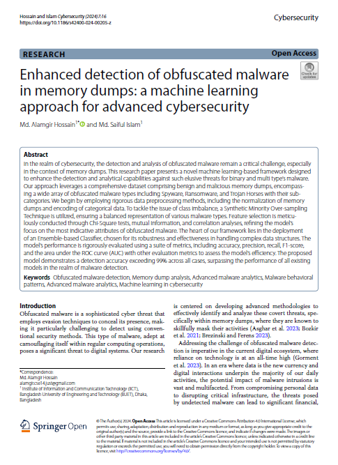 Enhanced detection of obfuscated malware in memory dumps: a machine learning approach for advanced cybersecurity