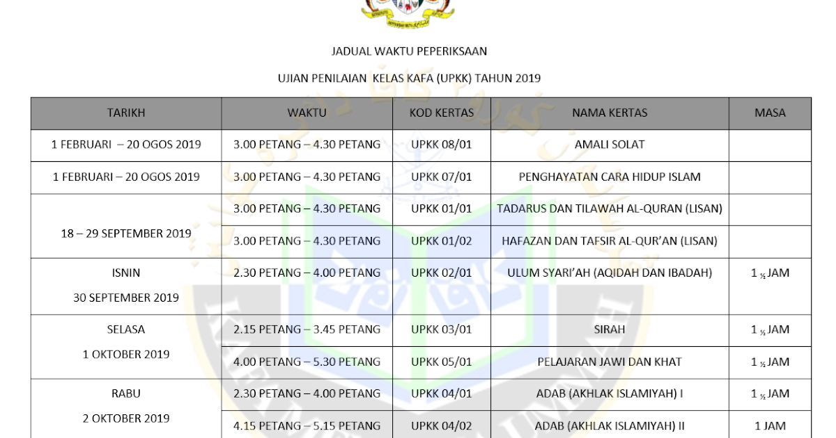 Jadual Waktu Peperiksaan UPKK 2019  Persatuan Guru-Guru 