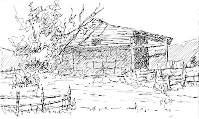 rustic pen ink drawing farm hay shed