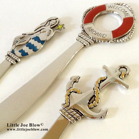 Nautical Cheese Butter Knives | Mermaid, Lifesaver & Anchor sold on http://littlejoeblow.com/nautical-knives.html by Little Joe Blow Ind. 