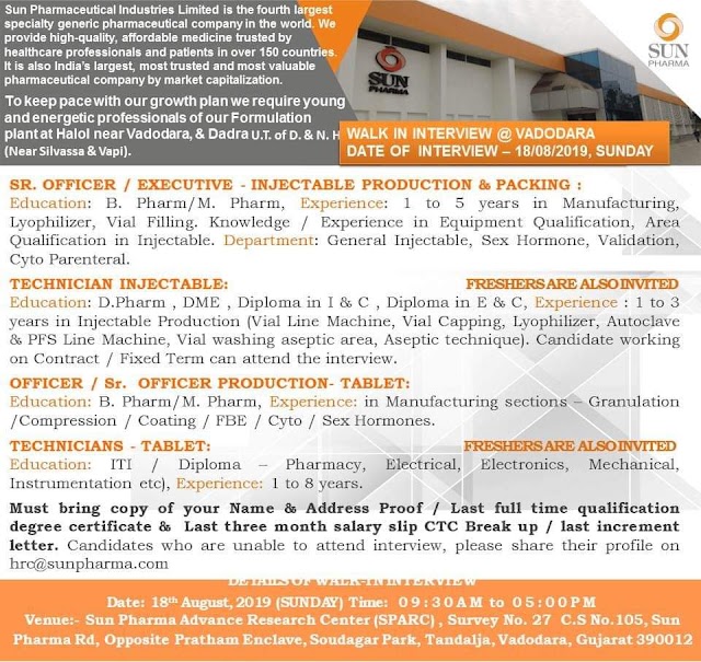 Sun Pharma | Walk-in interview for Production - Tablet/ Injectables | 18 August 2019 | Vadodara