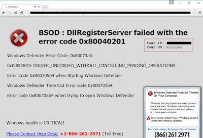 BSOD : DllRegisterServer failed with the error code 0x80040201 pop-up screenshot