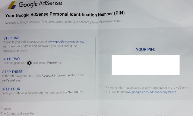 An envelope contain Google AdSense PIN for address verification
