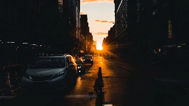 Sunset, Road, Street, Light, Cars, Buildings