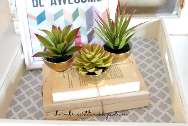 Dollar Store cacti in Target golden bowls atop book bundles