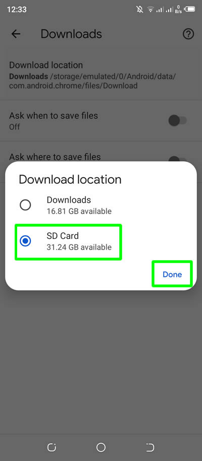 chrome download location sd card