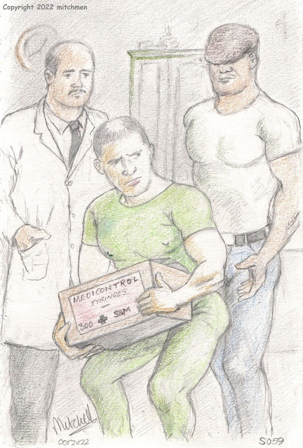 A Doctor and a thug eye lust and grope the ass of a hunky medic dressed in flimsy scrubs who is bending over to pick up a box