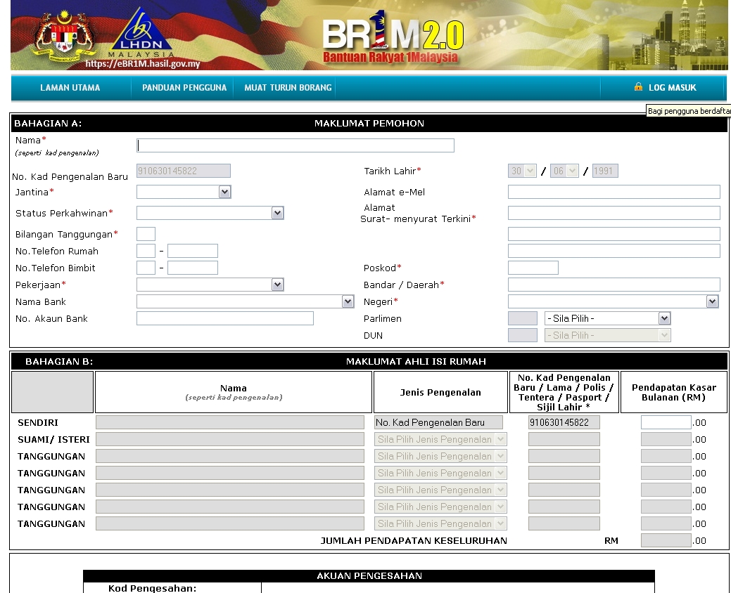 Syazwani Mazlan: Borang Permohonan BRIM 2.0 (bujang 