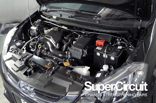 Perodua Myvi 1.5 Gen3 Engine Bay with the SUPERCIRCUIT Front Strut Bar installed.