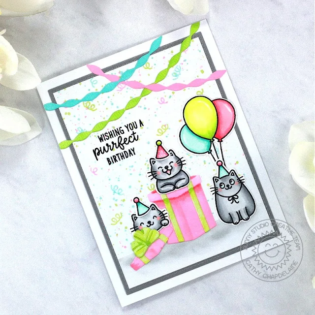 Sunny Studio Stamps: Birthday Cat Birthday Card by Cathy Chapdelaine (featuring Stitched Retangle Dies, Crepe Paper Streamers Dies, Perfect Gift Boxes Dies)