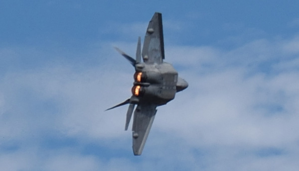 The F-22 Raptor lights its afterburners during its demo at the Miramar Air Show in San Diego, CA...on September 24, 2022.