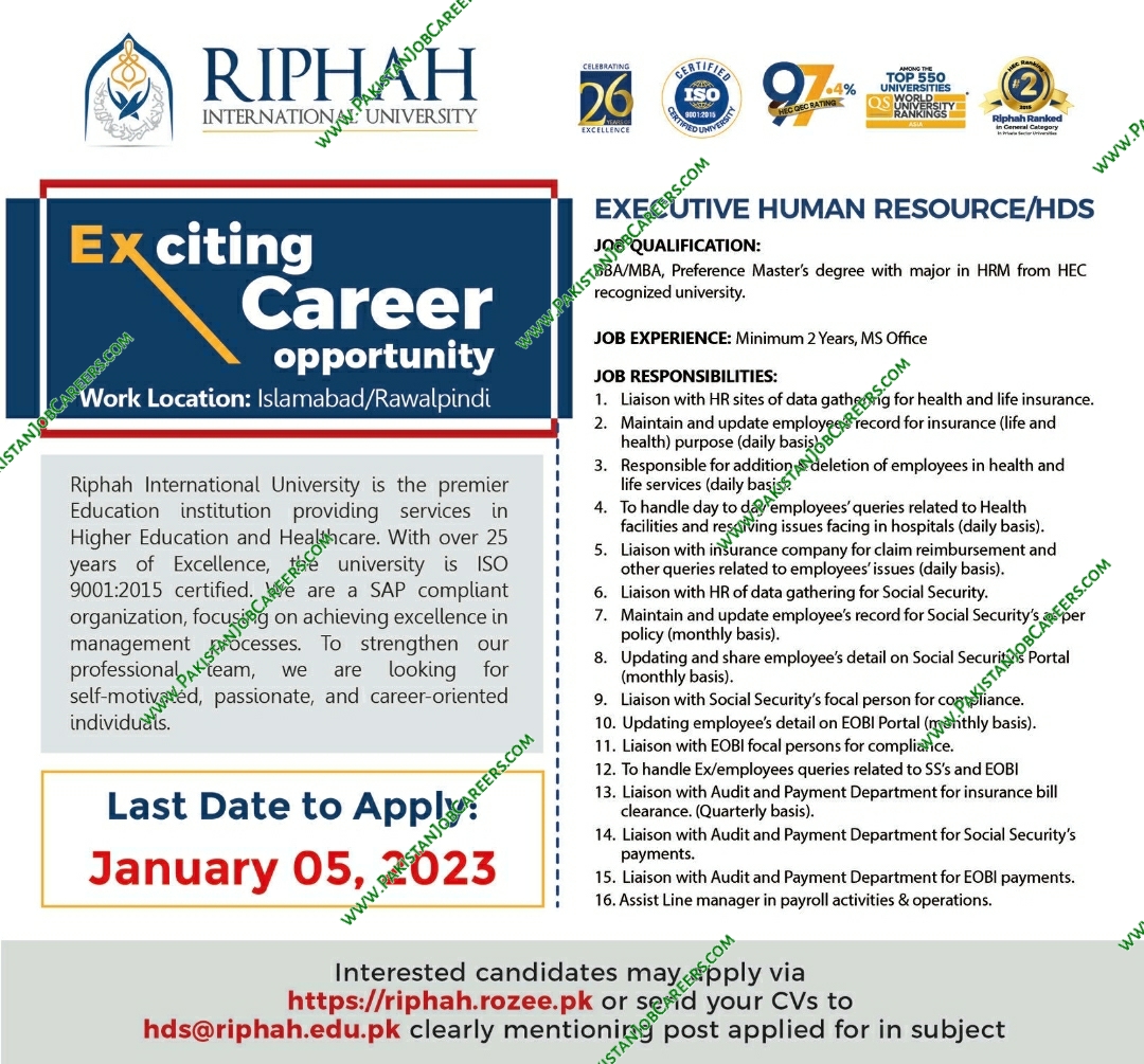 Riphah International University Jobs 2023 For Executive Human Resource & Assist Manager Finance Latest