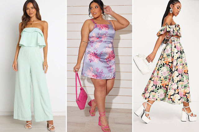 Women in diverse floral wedding guest dresses, including plus-size and two-piece sets for spring 2025.