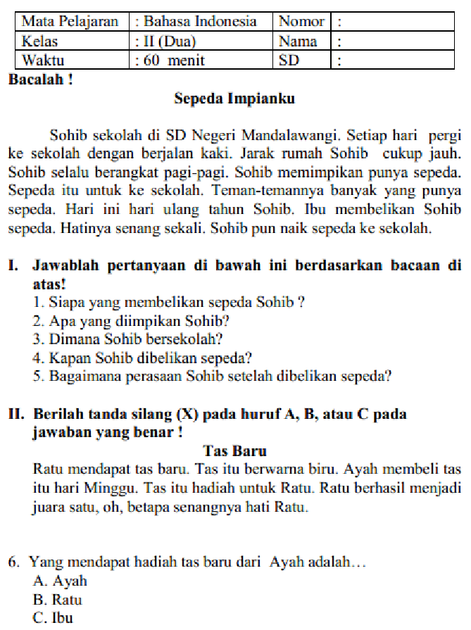 SOAL DAN JAWABAN PAS - UAS BAHASA INDONESIA KELAS 2 SD/MI 