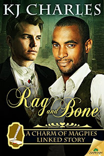 Cover of Rag and Bone, featuring a dark-haired black man and a dirty blonde white man together against a greenish background. They both wear vaguely Victorian dress.