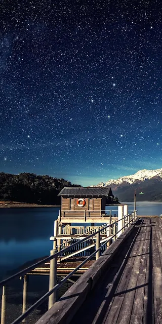 Pier, Lake, Mountain, Night Sky, Stars Wallpaper