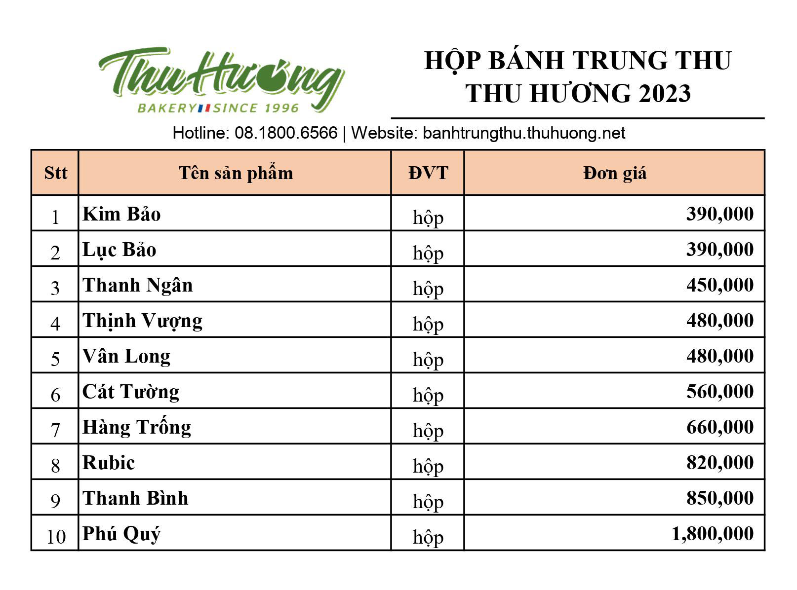 Bảng báo giá hộp bánh trung thu THU HƯƠNG 2023