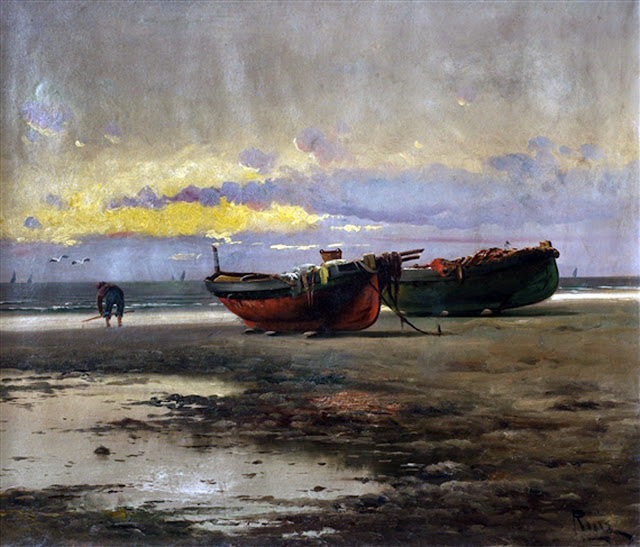 Barcas en la playa, Enrique Martínez Cubells, Pintor español, Pintores españoles, Martínez Cubells, Paisajes de Enrique Martínez Cubells, Pintores Valencianos