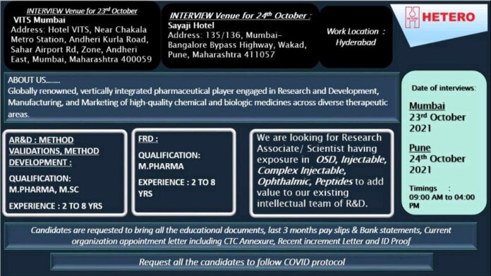 Job Availables,Hetero Job Vacancy For M.Pharma/MSc