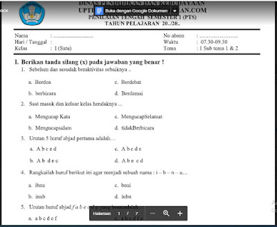 UTS/PTS Tematik Tema 1 (Subtema 1 & 2) Kelas 1 Sem. Ganjil SD/MI