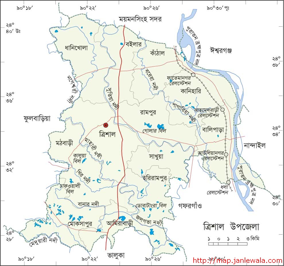 ত্রিশাল উপজেলা মানচিত্র, ময়মনসিংহ জেলা, বাংলাদেশ