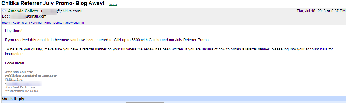 Wining Email from Chitika