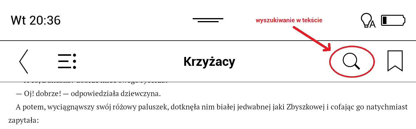 PocketBook InkPad X – górne menu przyciskiem wyszukiwania w tekście