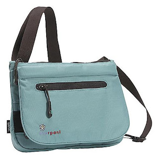 little light blue bag with low profile and long adjustable strap